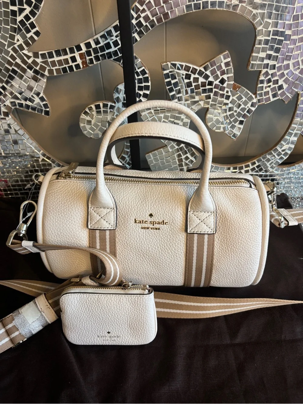 💕Kate spade Rosie Pebbled Leather Barrel Bag with Stripe Strap